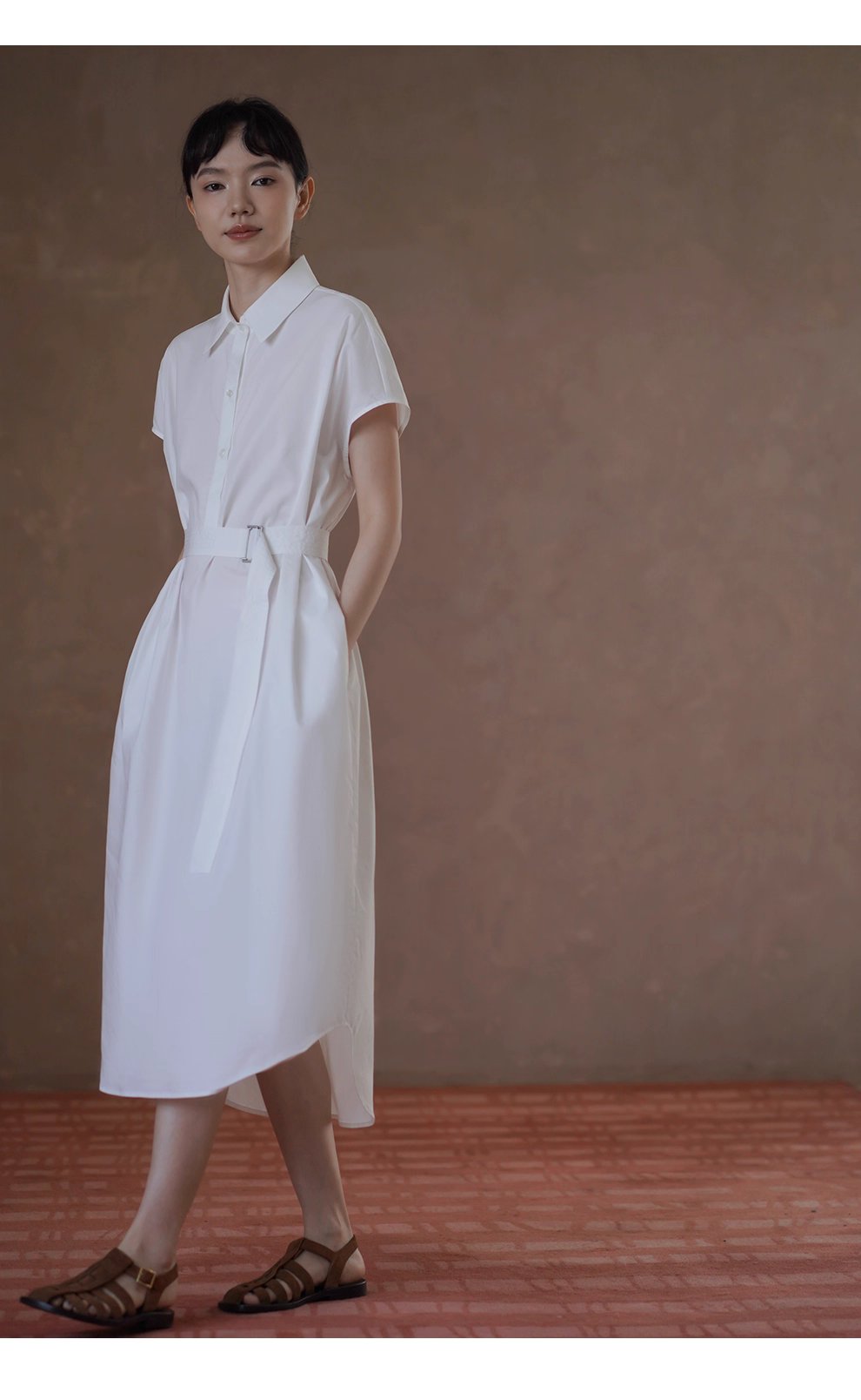 浮生一日清冷通勤洋裝寬鬆顯瘦腰帶半門襟長襯衫裙