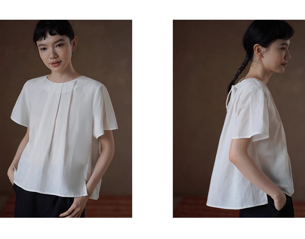 清香白檸檬上衣壓褶圓領A字顯瘦萊賽爾亞麻透氣通勤襯衫