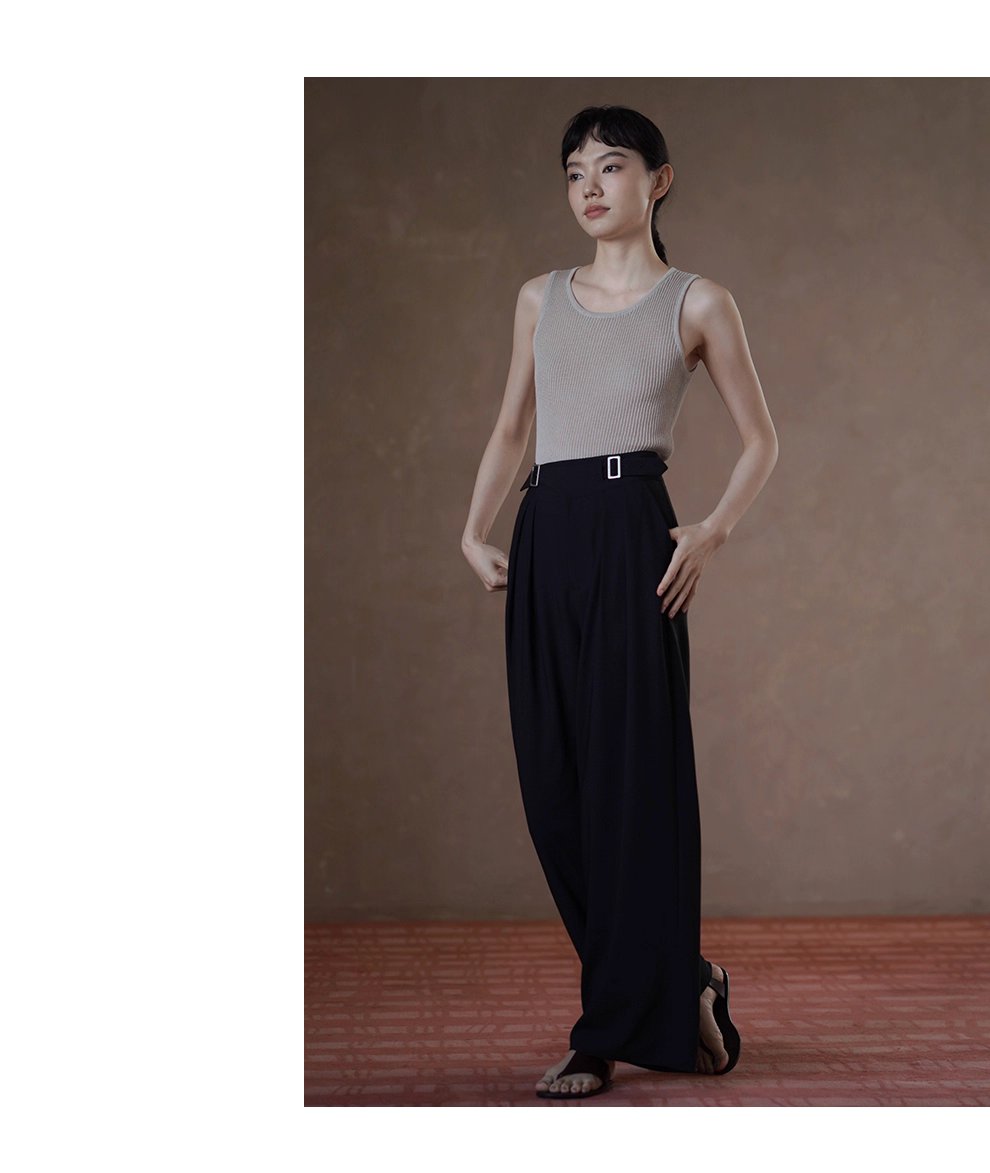 利落職場顯瘦高腰不對稱日字袢設計寬鬆顯瘦長褲女