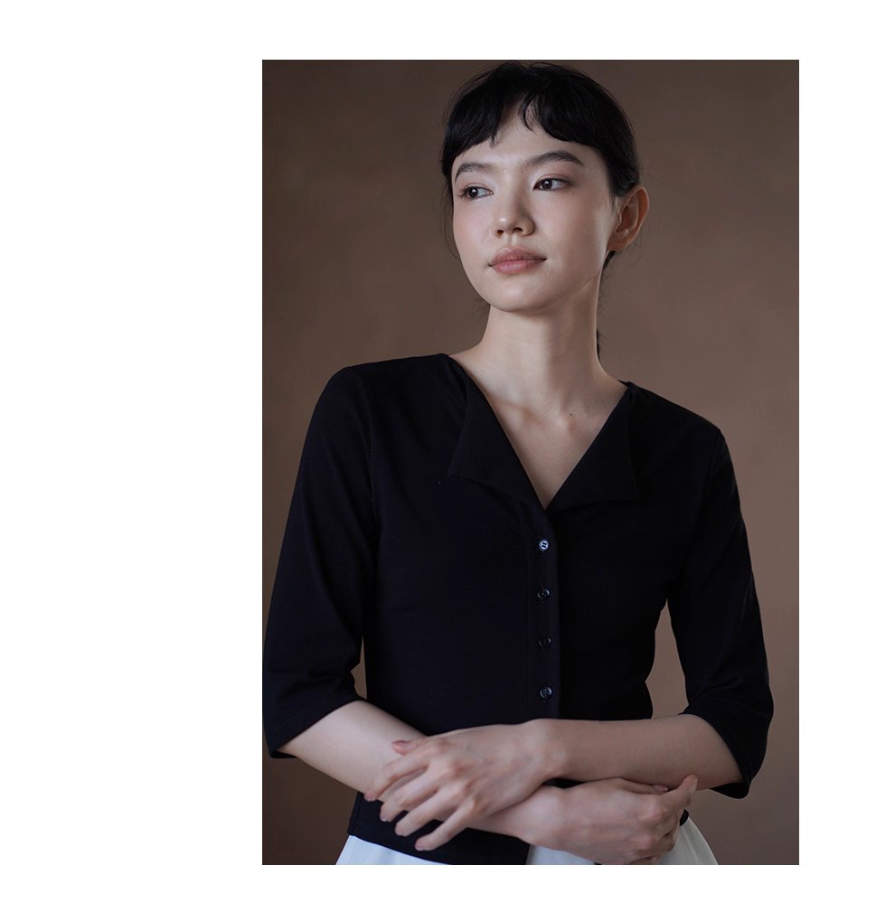 品質通勤雙面織布V領氣質上衣遮肉中袖合身彈性顯瘦T恤