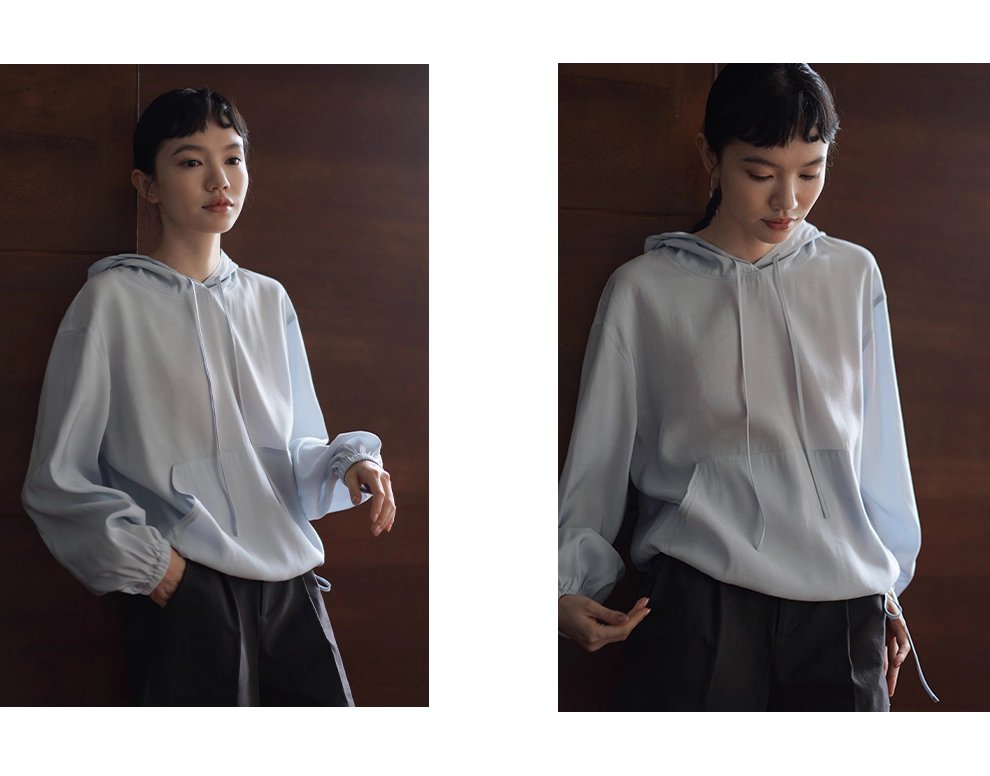 潤石晶藍清涼透氣連帽寬鬆顯瘦長袖休閒襯衫薄上衣女