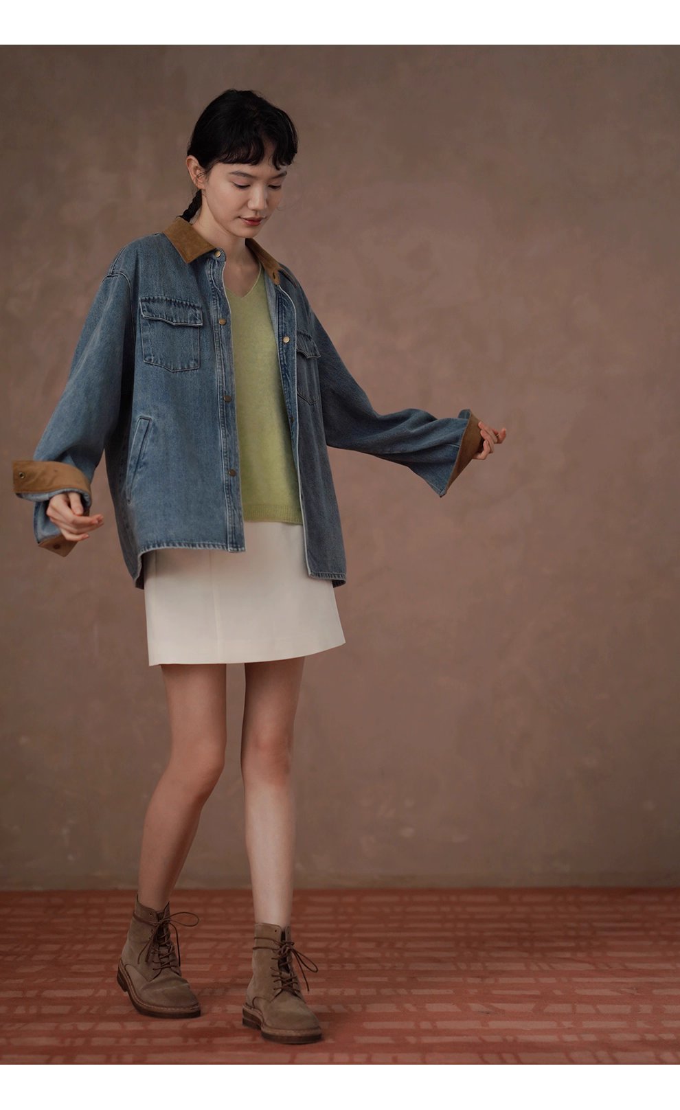 復古風潮做舊水洗燈芯絨拼接翻領牛仔襯衫寬鬆顯瘦外套