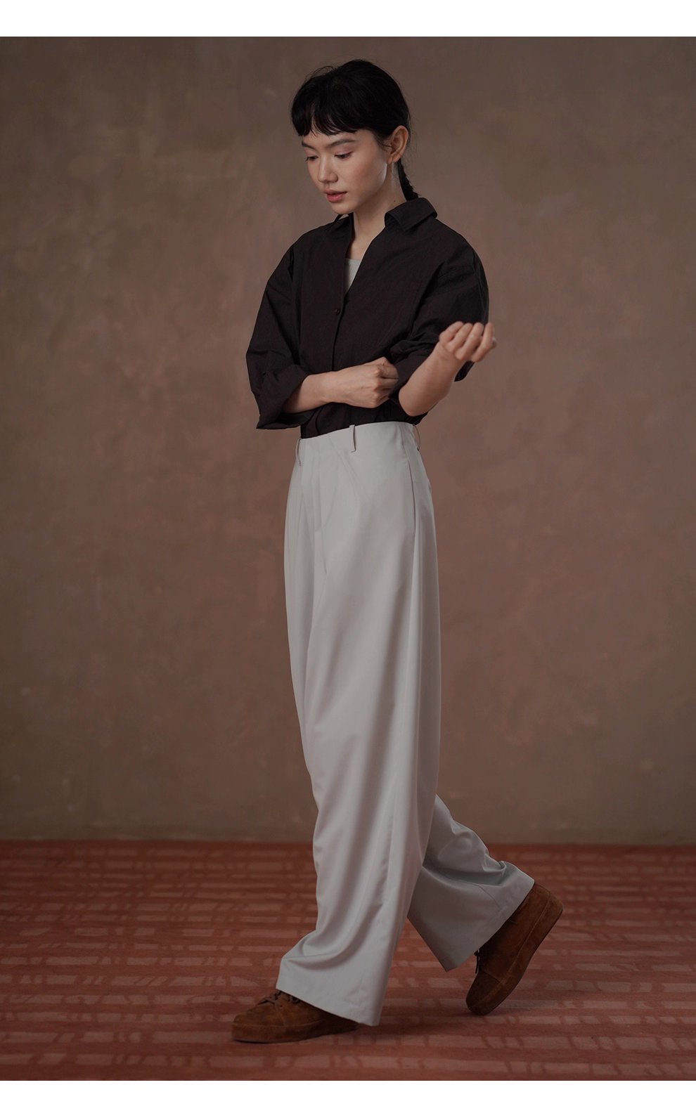 知識分子高智感襯衫濃鬱古巴咖寬鬆顯瘦V領廓形通勤上衣