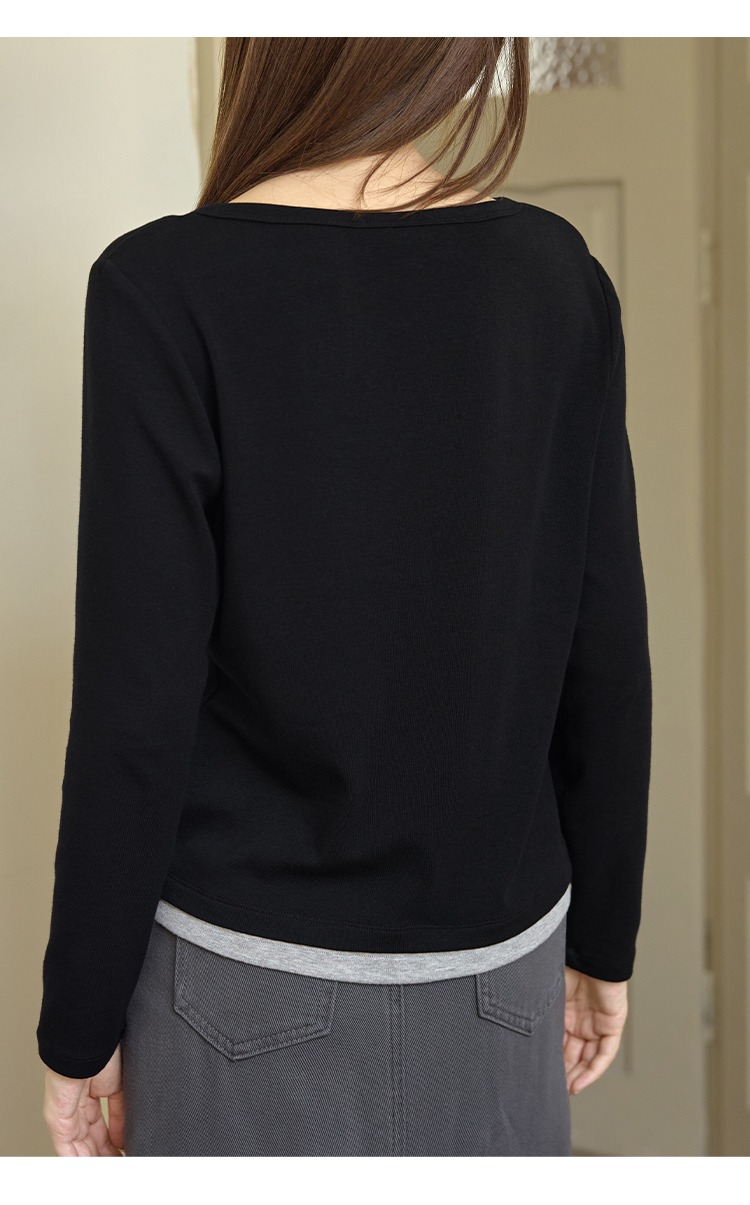 黑色正肩長袖t桖女秋季假兩件上衣