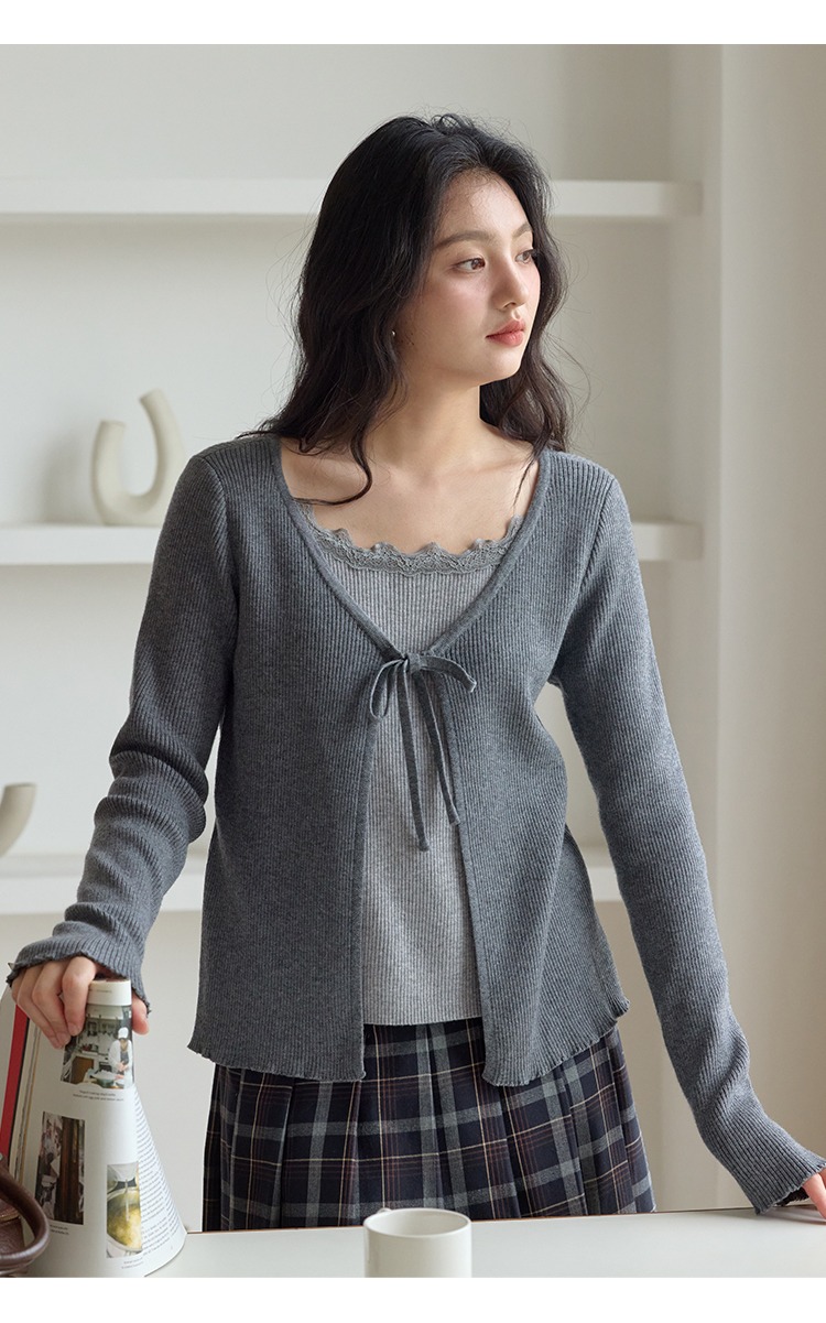 大尺碼灰色針織衫女假兩件上衣秋季穿搭胖mm正肩上衣