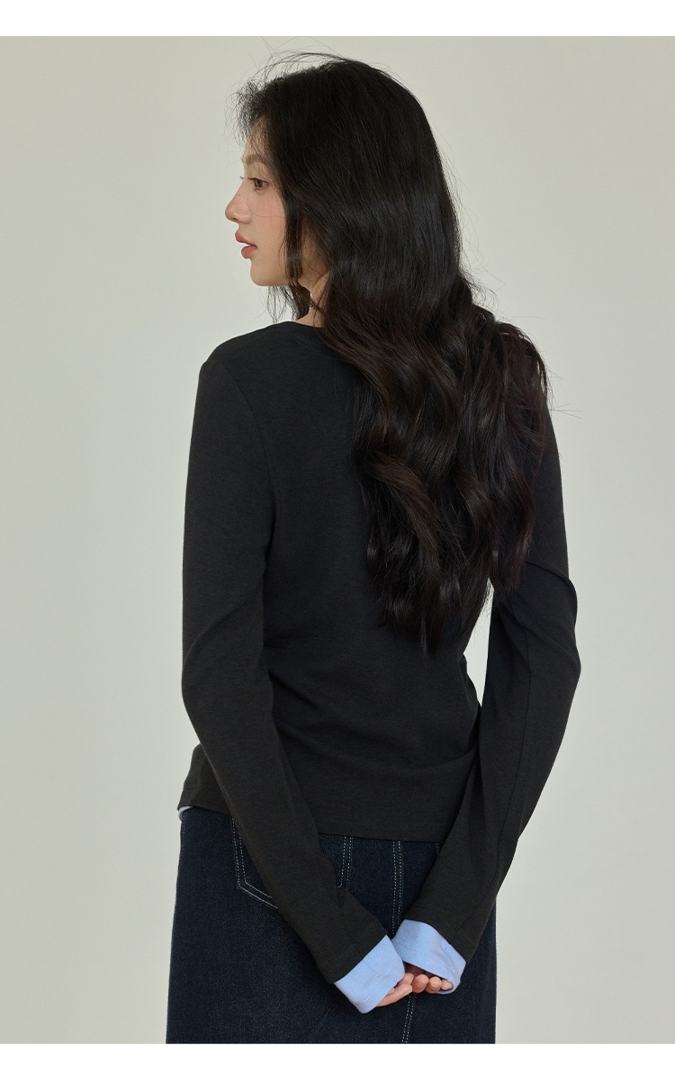 大尺碼胖mm正肩假兩件t恤女內搭打底衫秋季長袖上衣