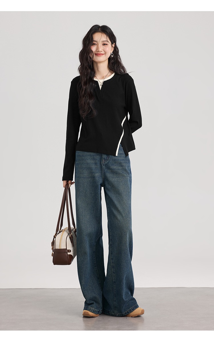 大尺碼黑色針織衫女打底衫顯瘦胖mm正肩長袖上衣