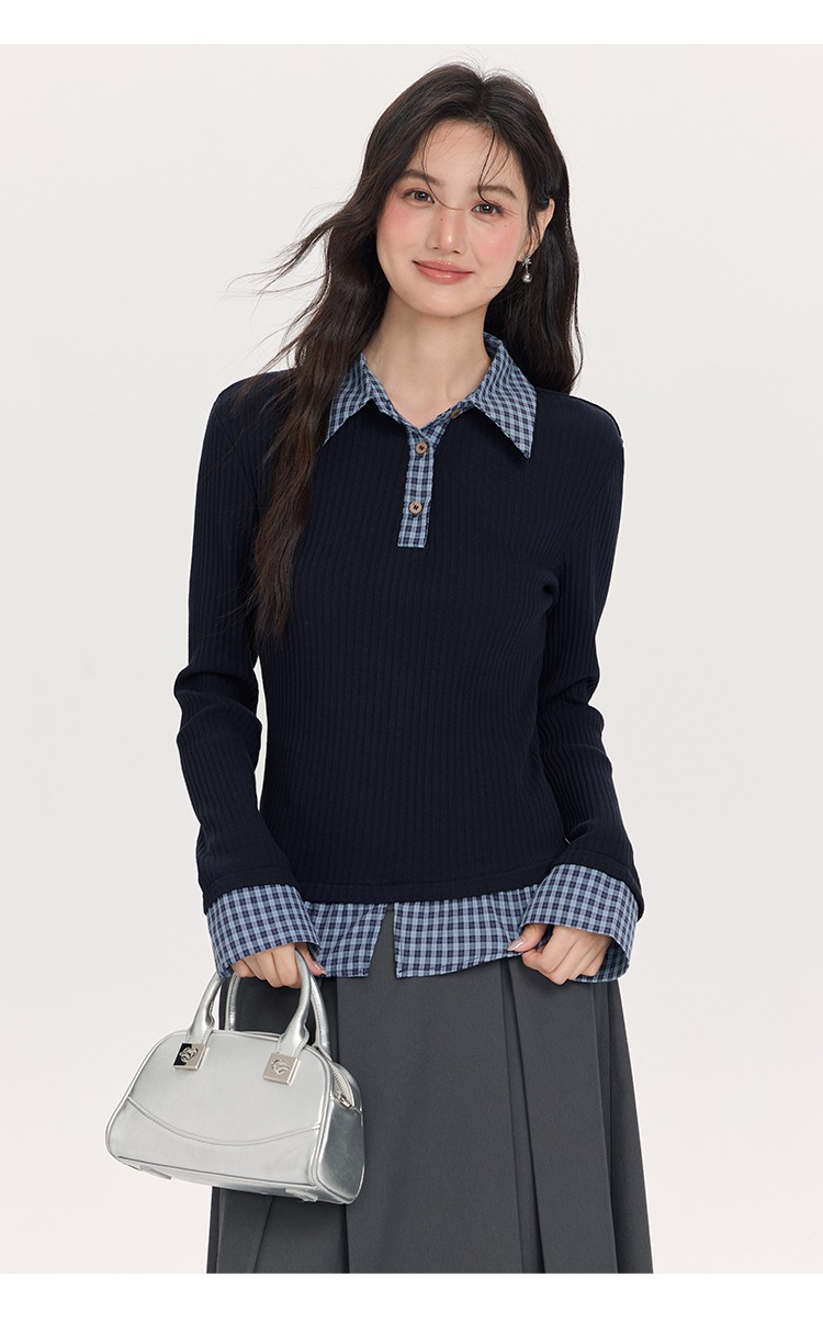 大尺碼拼接格紋襯衫假兩件針織衫polo領上衣