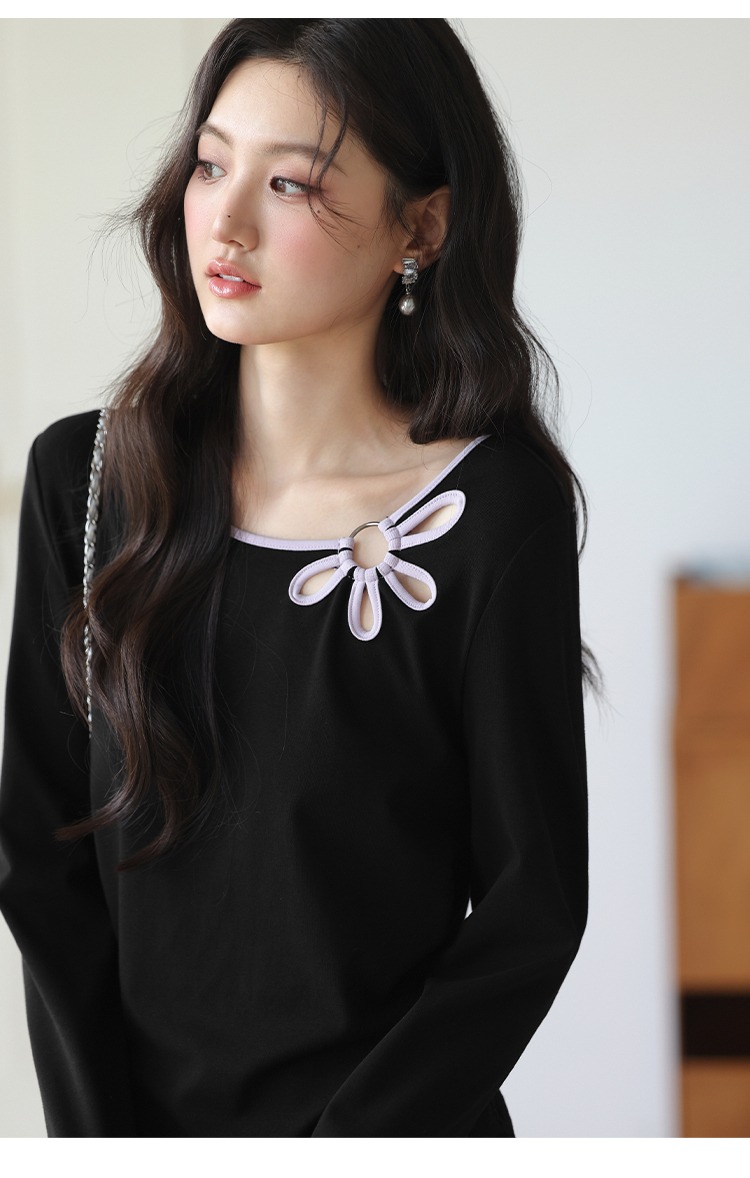 大尺寸胖mm鏤空花朵正肩長袖t恤女2025新款穿搭內搭上衣