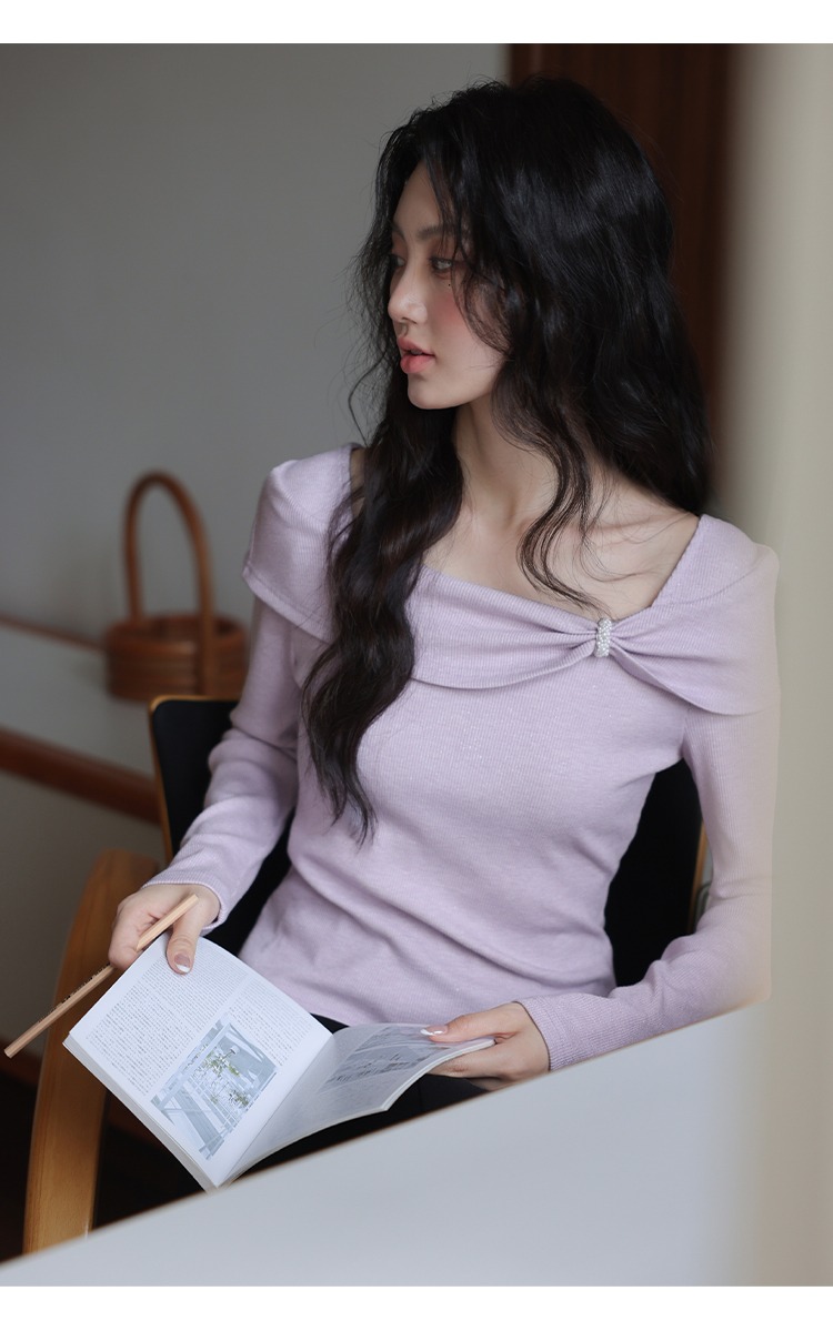 大尺碼氣質穿搭方領針織衫新款內搭打底衫秋季紫色上衣