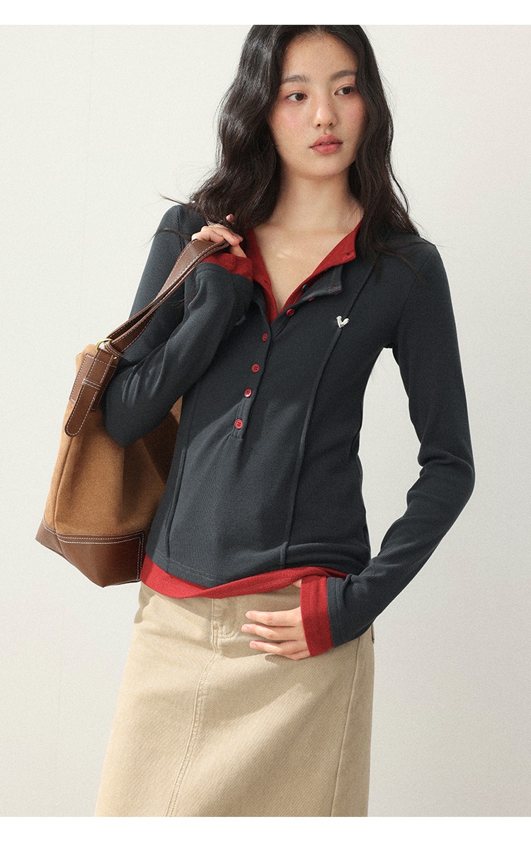 大尺碼秋裝灰色正肩長袖設計感假兩件疊穿上衣