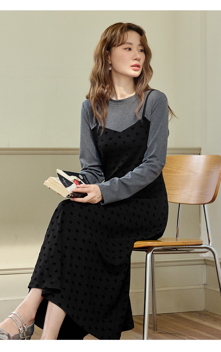 大尺碼拼接假兩件洋裝高級感早秋女裝黑色裙子