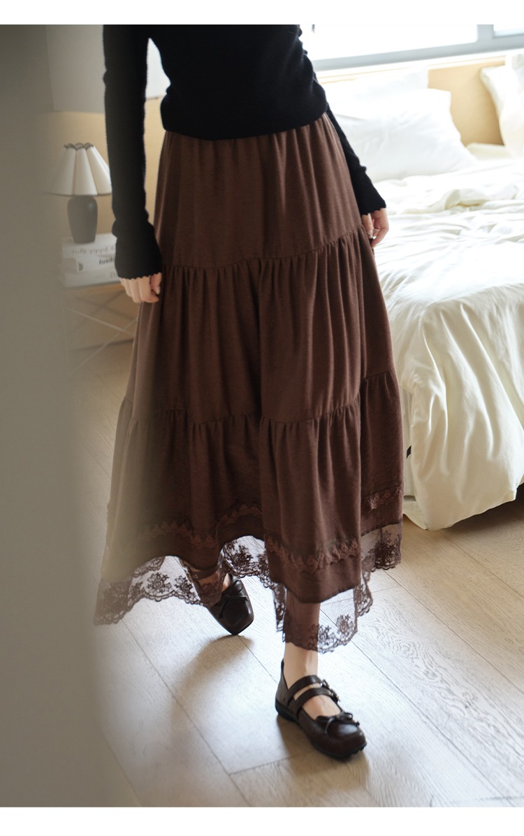 大尺碼蕾絲拼接A字半身裙蛋糕裙棕色裙子