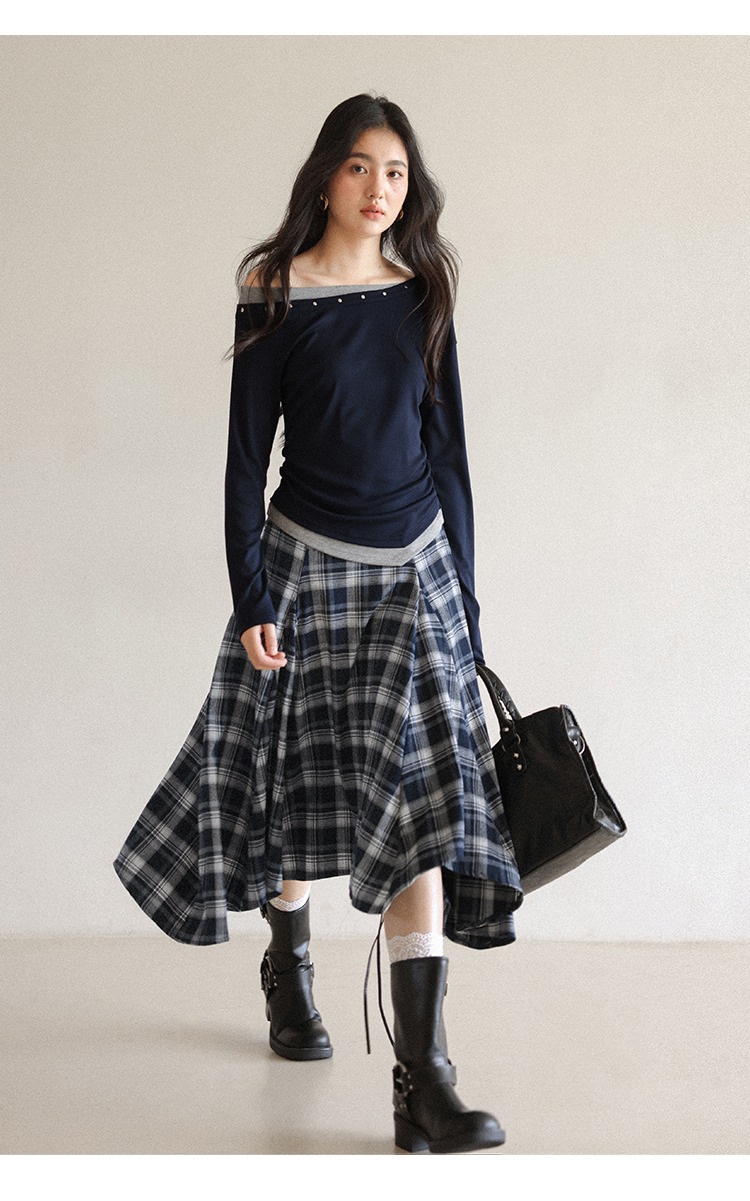 大尺碼藍白拚色格紋半身裙不規則裙襬個性穿搭