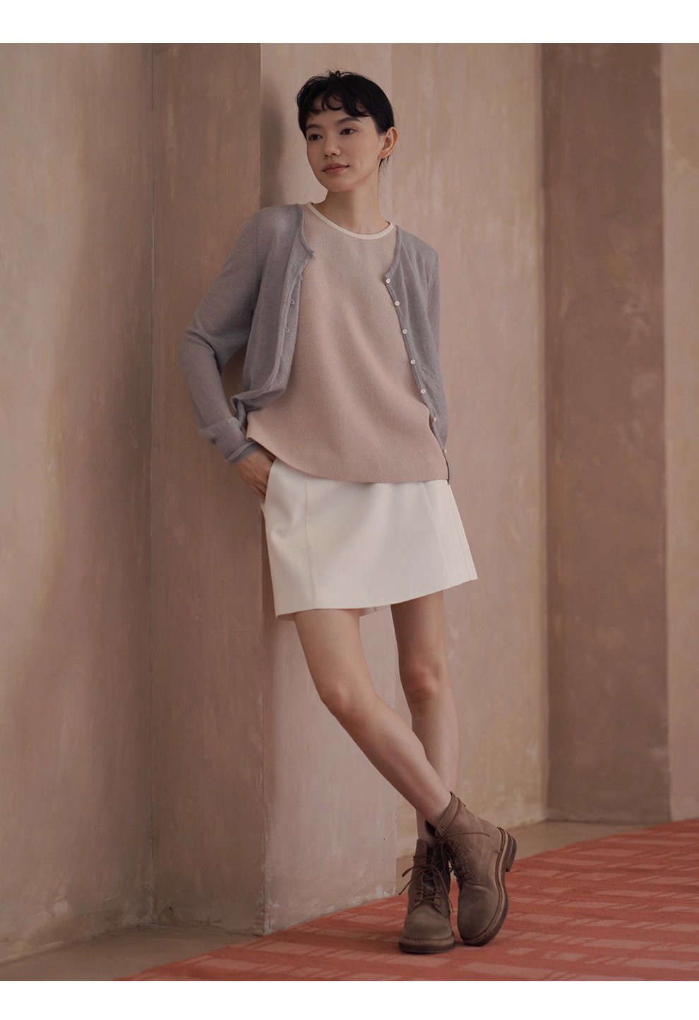 淡香薰衣草針織軟糯細膩綿羊羊駝毛混紡紗線薄款開襟衫