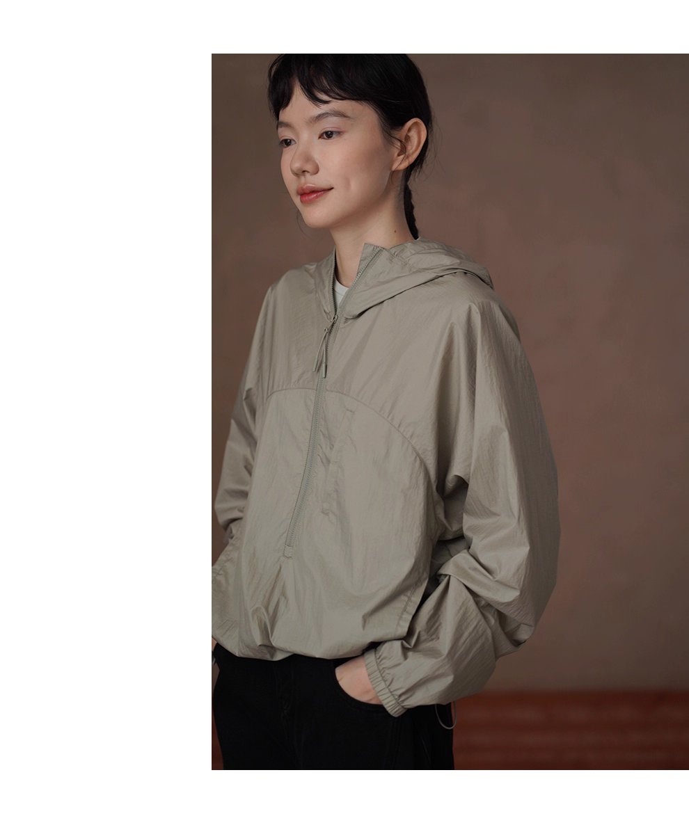 輕薄海苔工裝輕戶外上衣透氣寬鬆顯瘦拉鍊連帽沖風衣女