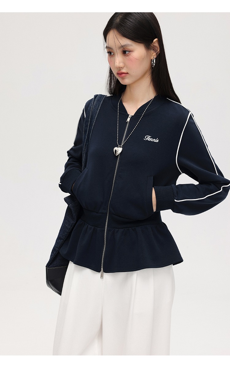 大尺碼收腰衛衣外套女拉鍊開襟衫荷葉邊上衣外套