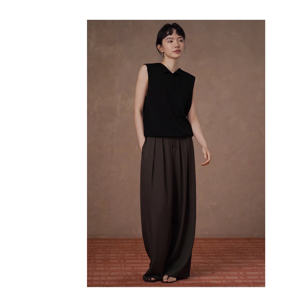 高品質色紡西裝布料可調式腰帶寬鬆垂順顯瘦闊腿長褲女