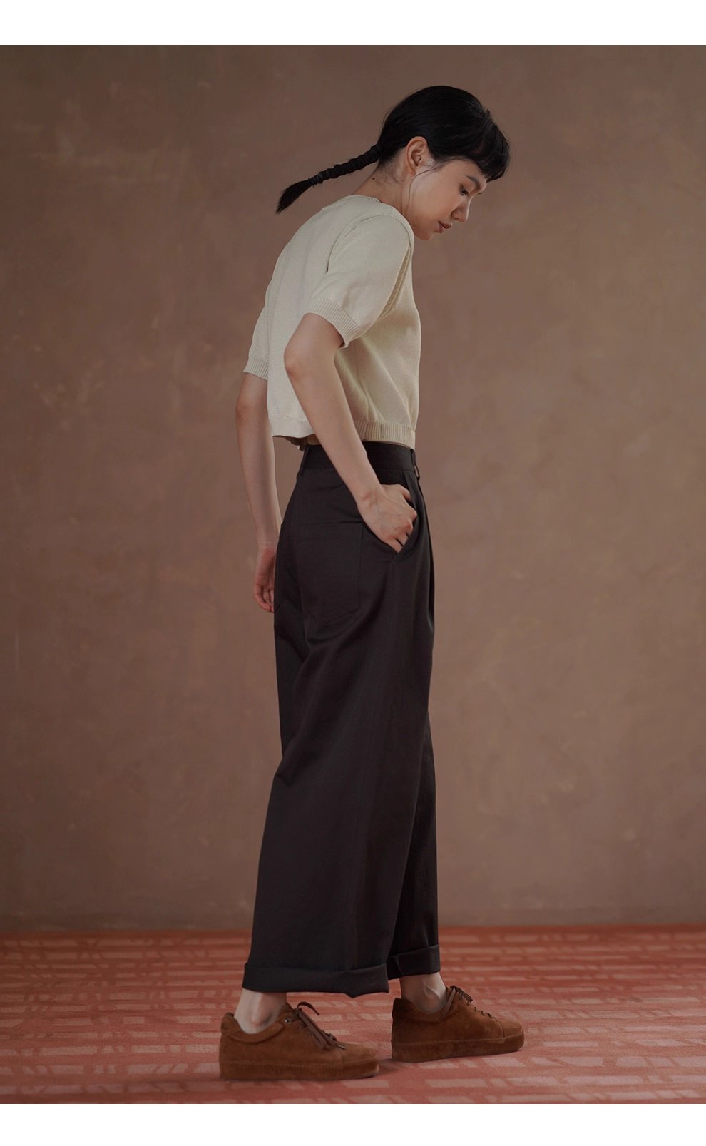 深幽雪松咖長褲寬鬆遮肉高腰顯瘦不挑人挺括100棉闊腿褲