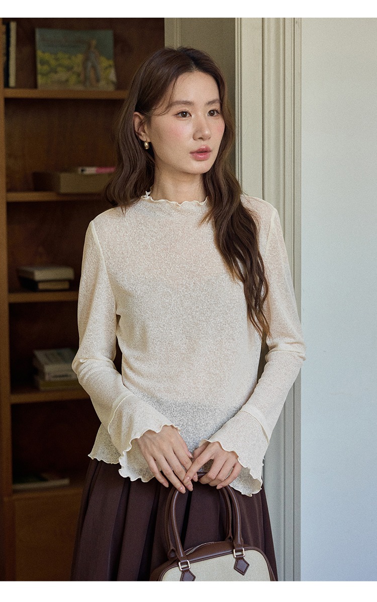 大尺碼薄款半高領木耳邊打底上衣秋裝上衣