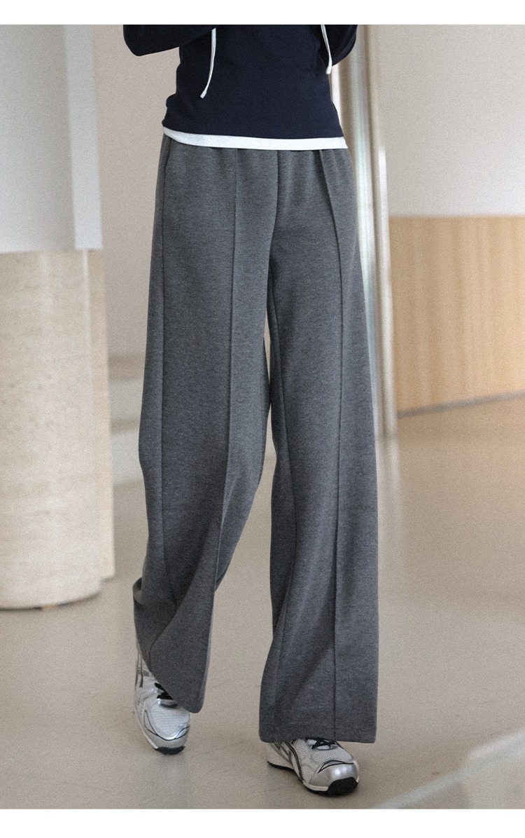 大尺碼鬆緊腰直筒闊腿褲女秋灰色休閒褲子