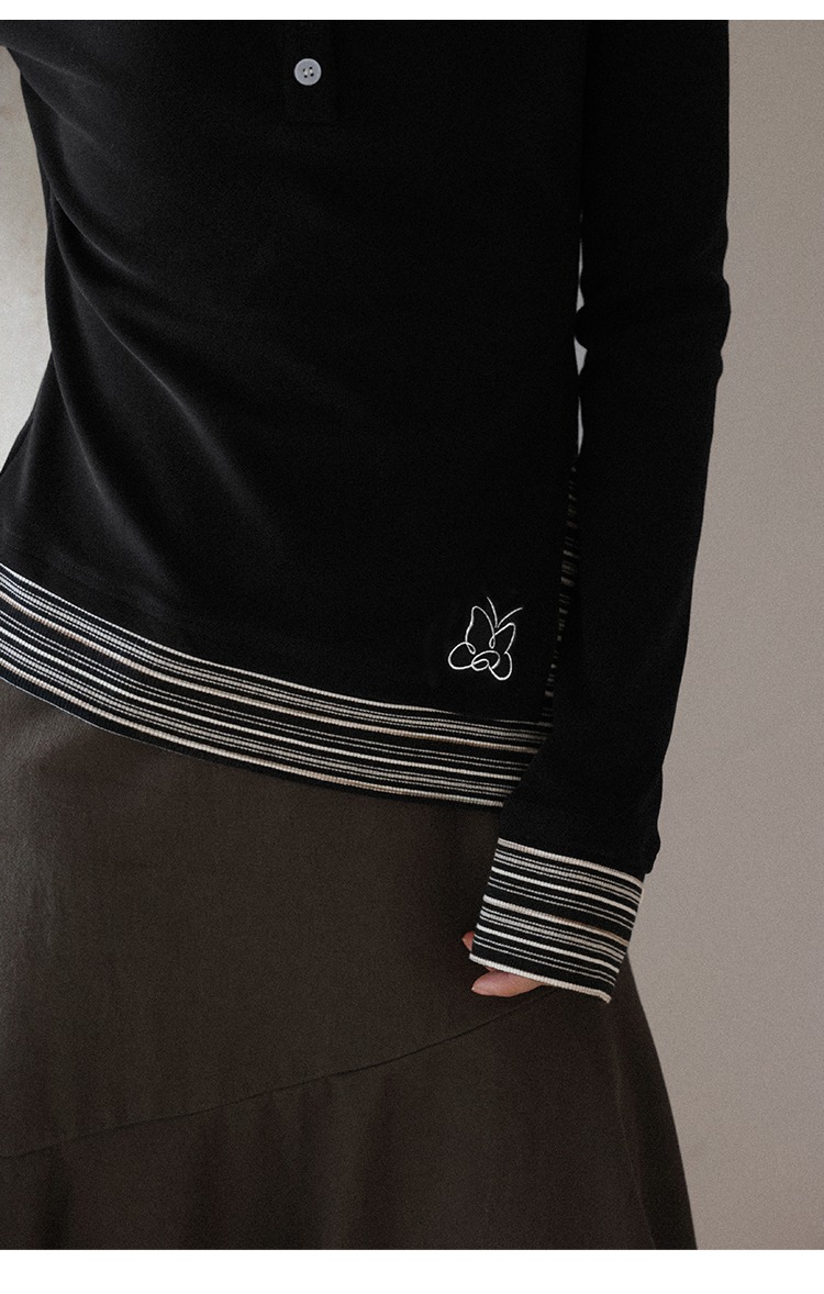 大尺碼假兩件長袖T恤條紋拼接開岔上衣