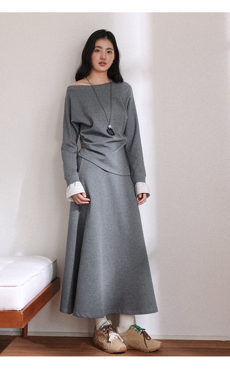 中大尺碼斜肩長袖上衣半身裙兩件套裝