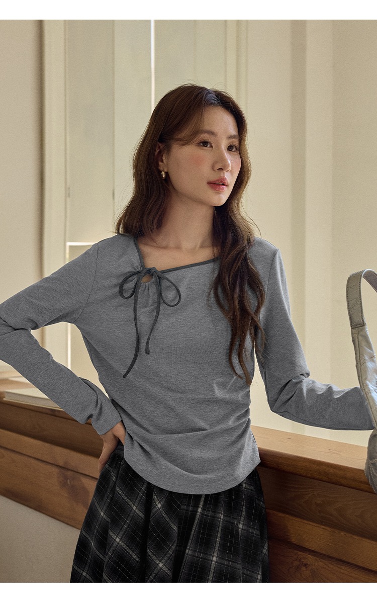 大尺碼鏤空蝴蝶結灰色長袖T恤女裝收腰上衣