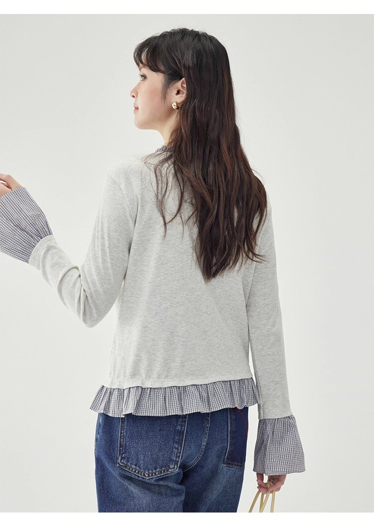 撞色拼接襯衫喇叭袖t卹女秋季新款寬鬆長袖上衣