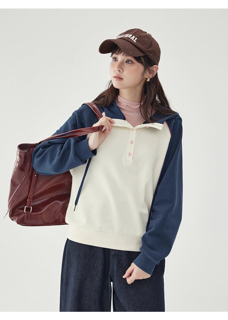 撞色插肩長袖連帽衛衣T恤女25秋季新款減齡上衣