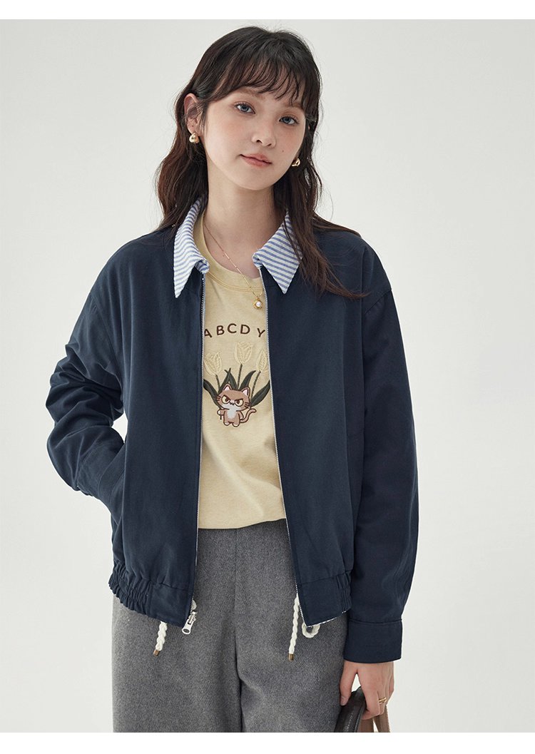 韓國翻領兩面穿拉鍊外套女秋季新款純棉長袖上衣