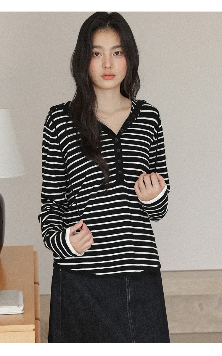 大尺碼胖mm條紋針織衫秋季寬鬆連帽上衣