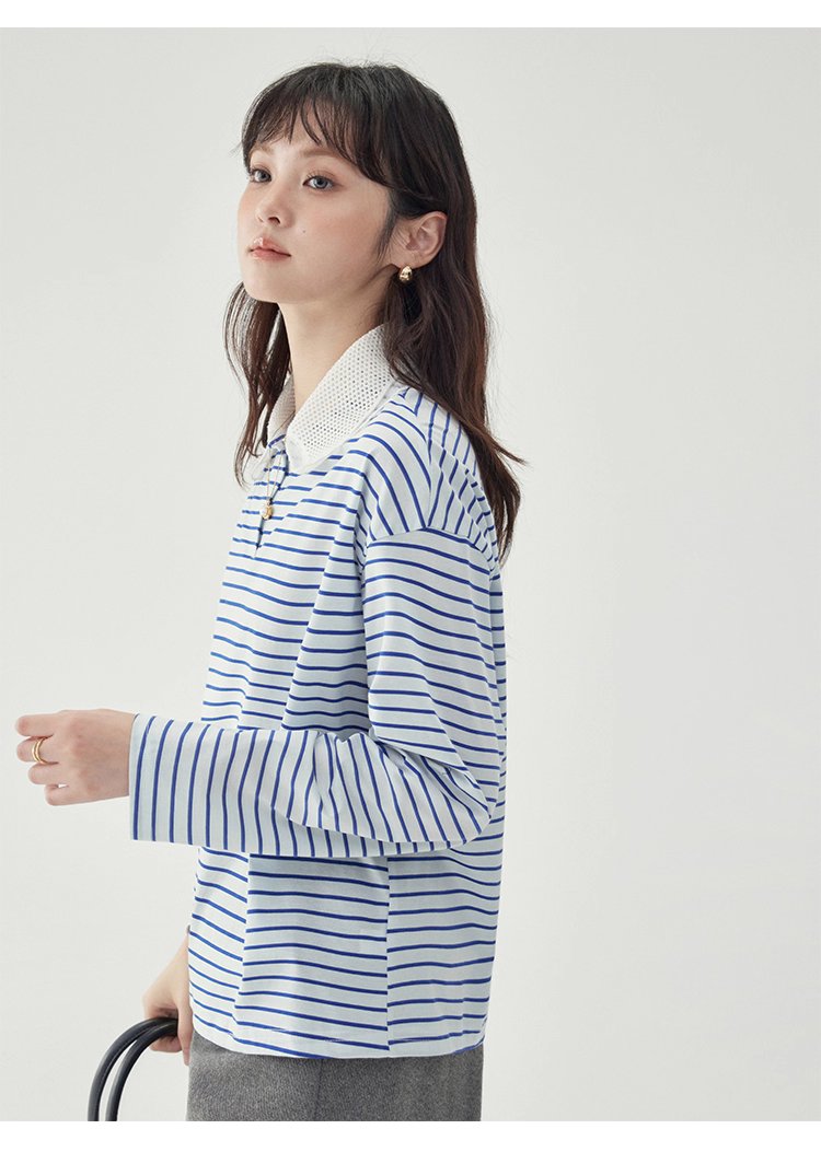 拼接翻領藍條紋長袖T恤女秋季新款寬鬆純棉上衣