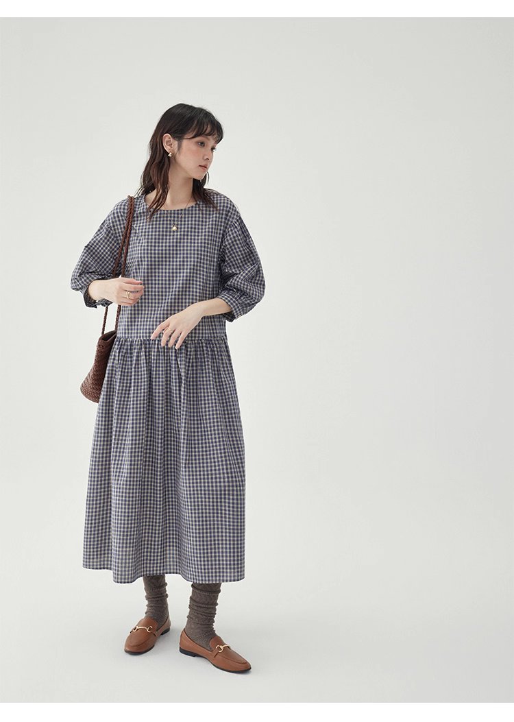 日系格紋燈籠袖洋裝女秋季新款寬鬆純棉a字裙