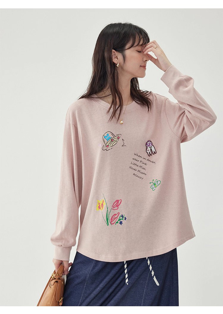 減齡印花落肩長袖粉紅T恤女秋新款寬鬆百搭上衣