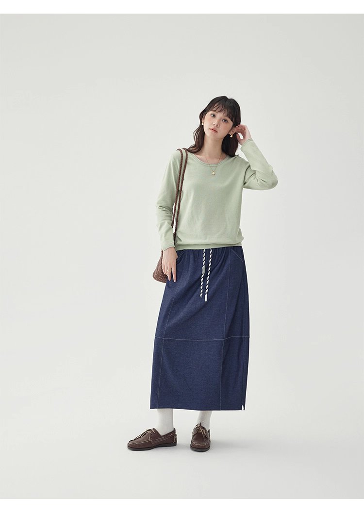 藍色鬆緊腰a字半身裙女秋季新款百搭抽繩中長裙