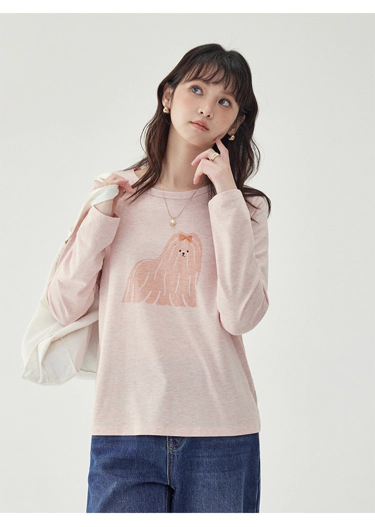 粉紅小狗印花長袖T恤女25秋季全新寬鬆減齡上衣