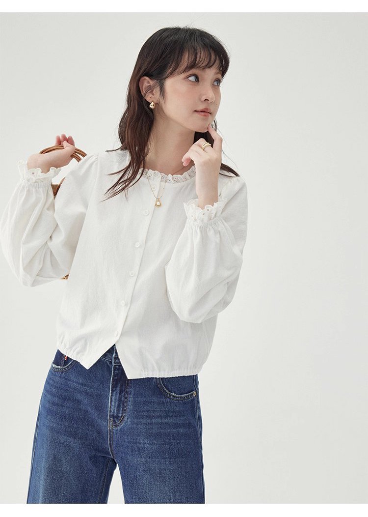 花邊長袖後貼花片白襯衫女秋季新款甜美純棉上衣
