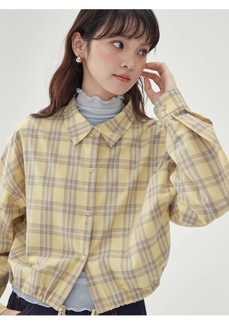 黃格單排扣抽繩下擺襯衫女秋季新款純棉長袖上衣