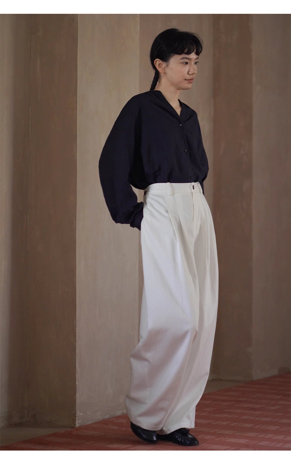 海上航線亞麻混紡透氣挺括質感V領寬鬆顯瘦通勤長袖襯衫