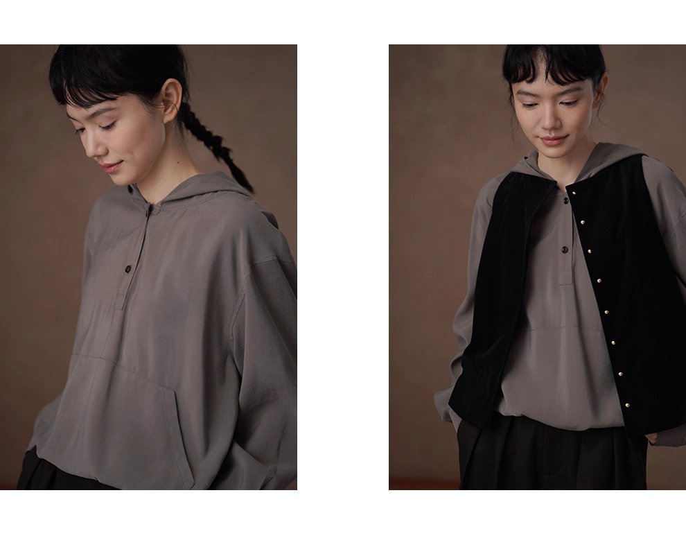 垂爽絲滑綿軟手感顯瘦寬鬆上衣半門襟休閒連帽長袖襯衫