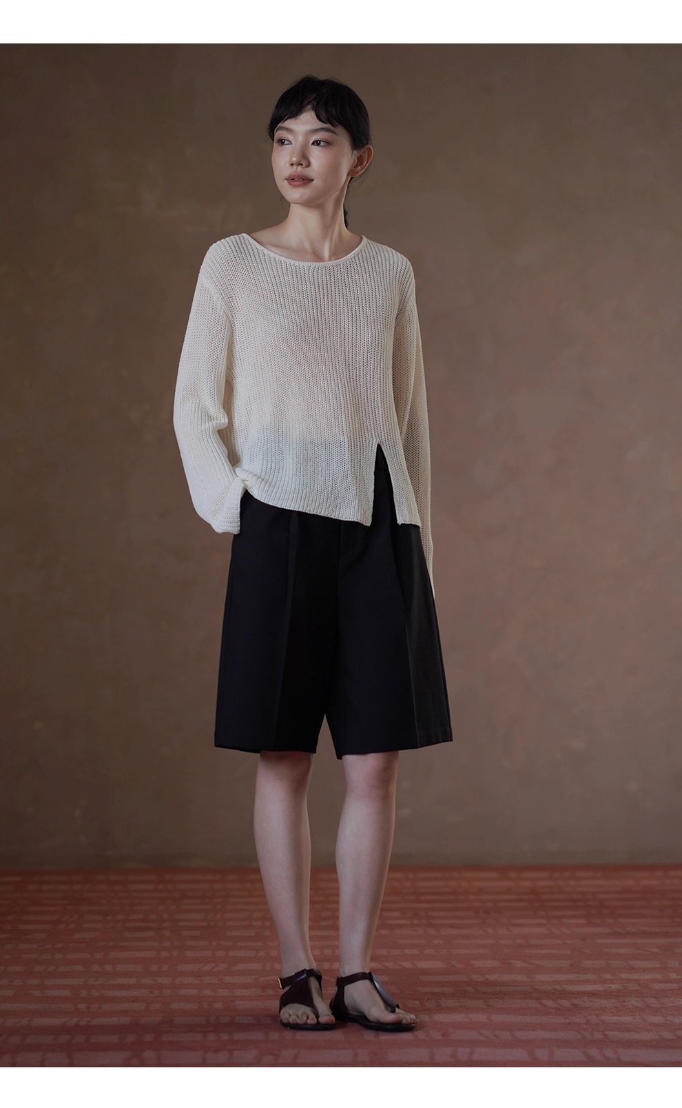 晴空白塔針織鏤空編織肌理感寬鬆顯瘦開叉長袖通勤罩衫