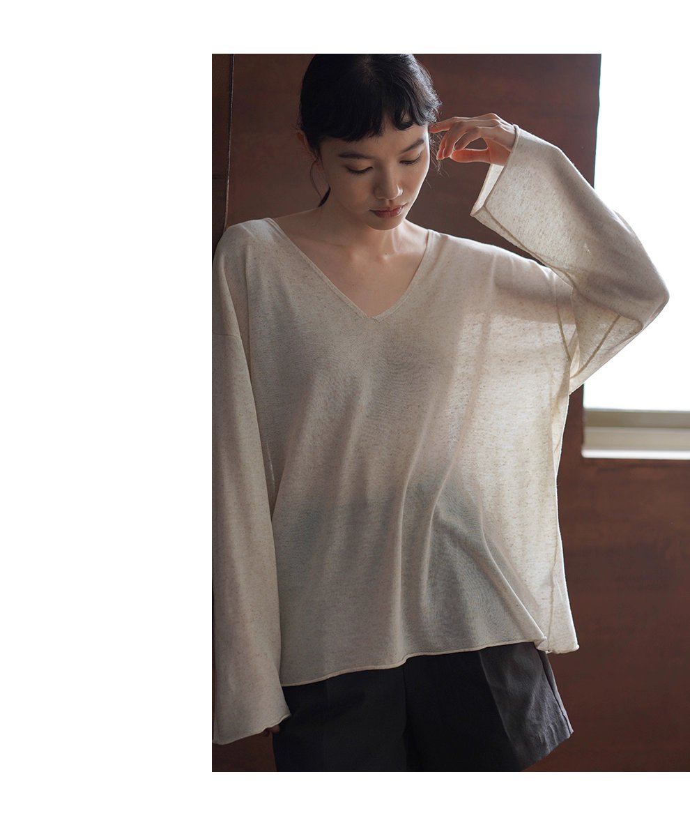 紙片人V領慵懶罩衫清爽天絲亞麻紗線寬鬆顯瘦長袖上衣女