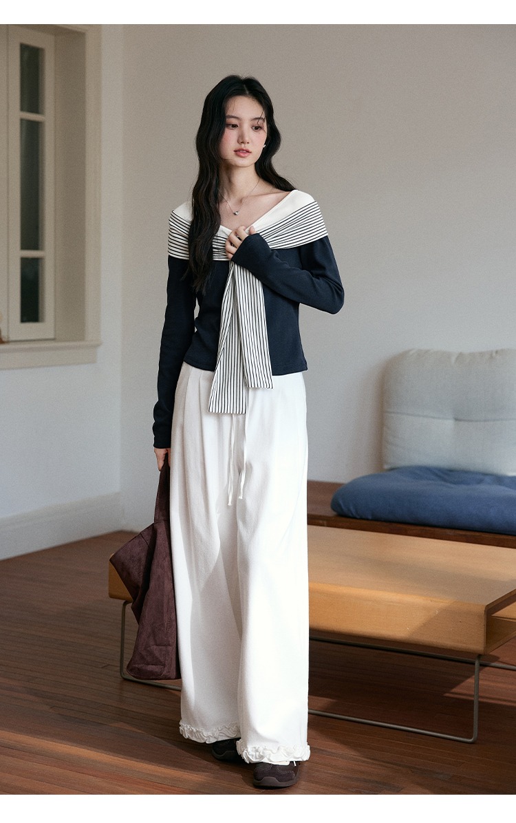 大尺碼條紋飄帶拼接T恤女秋季海軍風上衣