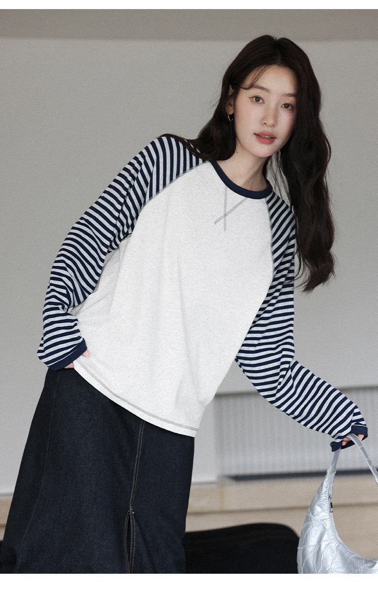 條紋長袖花灰色T恤女2025全新內搭秋裝大尺碼遮肚上衣