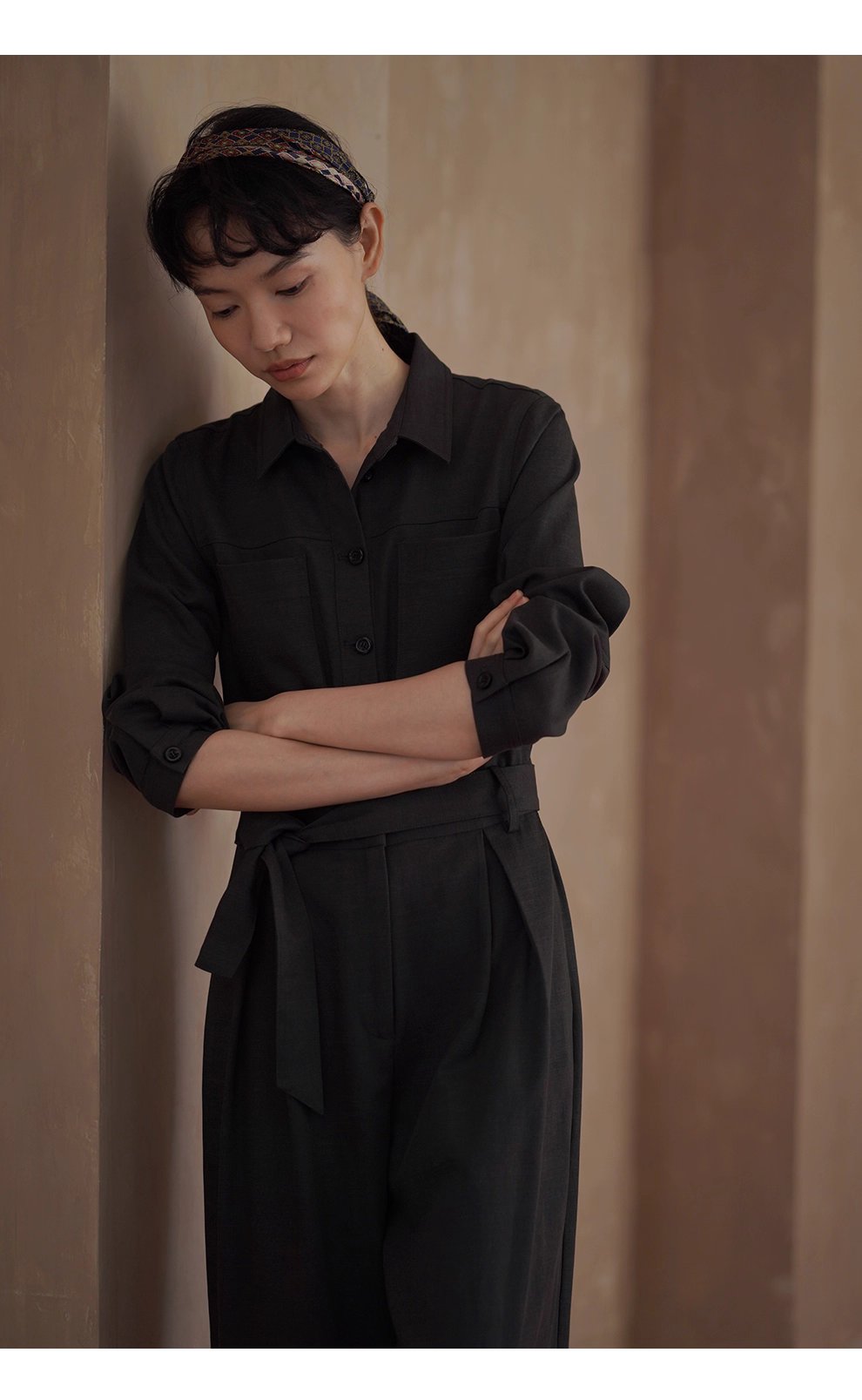 酷颯都市工裝寬鬆襯衫領闊腿顯瘦萊賽爾棉通勤連身褲