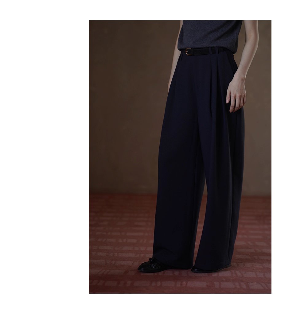 鬆弛顯瘦版型雙面織造斜紋西褲布料高腰闊腿通勤長褲女