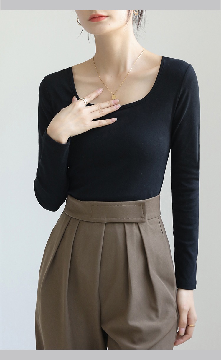 U領長袖T恤上衣方領鎖骨低領合身打底衫內搭時髦時尚洋氣