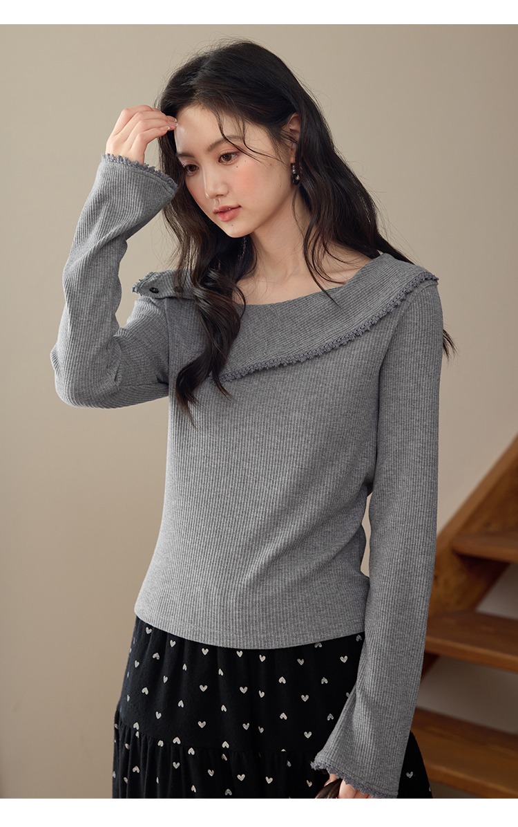 中大尺碼胖mm灰色針織衫女新款長袖斜領上衣