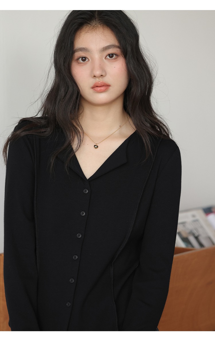 大尺碼胖mm長袖T恤全新款黑色半開領收腰上衣